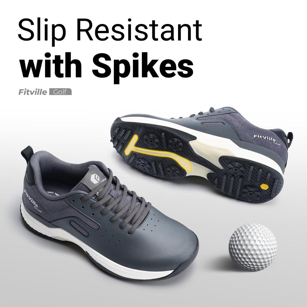 FitVille Men's Golf Shoes, Wide Spikes, Professional Golf Shoes, Men's Golf Training Sneakers, Business Exercise, Lightweight, Water-Repellent