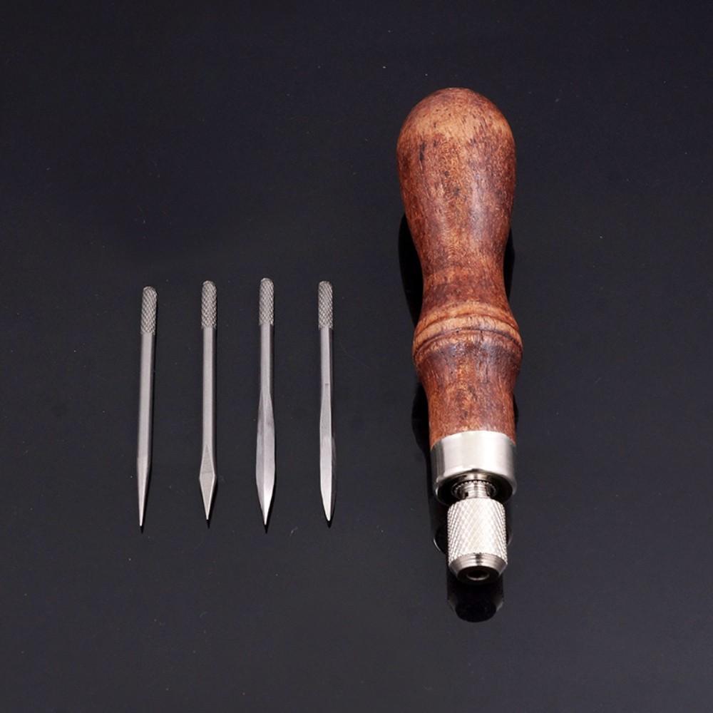 

4 in 1 DIY Wood Handle Leather Stitching Awl for Leather Sewing Scratch Awl Tools Canvas Leathercraft Sewing Needle Kit коричневий