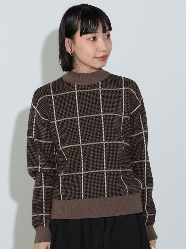 Strickpullover mit hohem Kragen und Karomuster, BEIGE, Einheitsgröße [Beams Heart], L/S, Damen