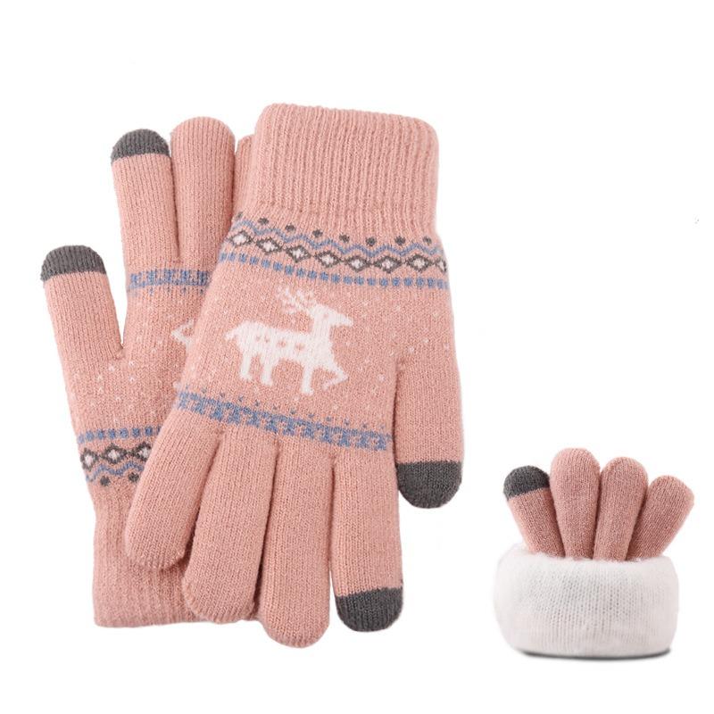New Jacquard Double-layer Deer Touch Screen Gloves Autumn and Winter Women's Fleece Thickened Warm Wool Gloves