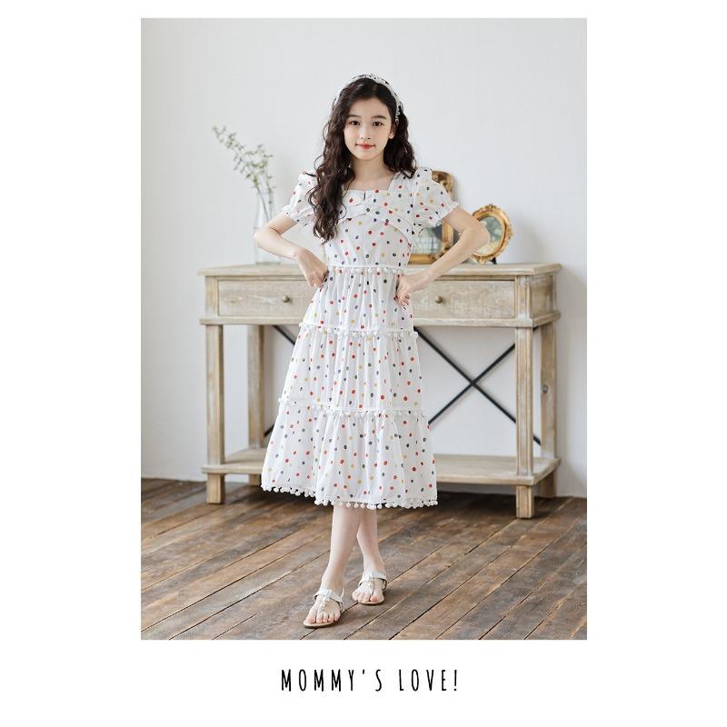 Kids Big Girls Korean Style Polka Dot Short Sleeve Fringe Hem Long Princess Dress