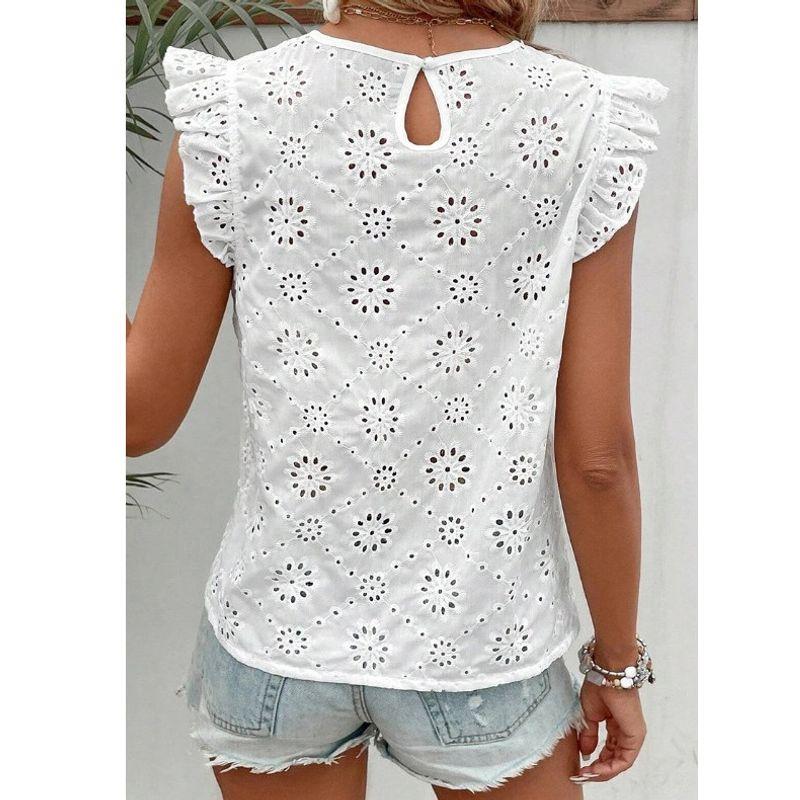 Small Sweet Summer New Western Style round Neck Crochet Hollow White Flying Sleeves Short sleeve Shirts Top Women