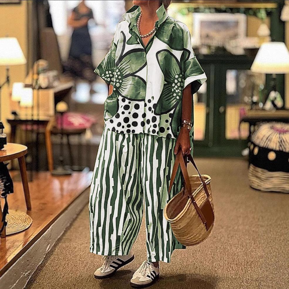 

Women s set casual floral print shirt trousers two-piece set XXL зелений