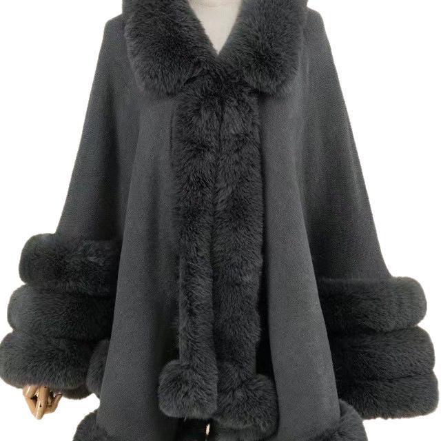 European & American Autumn/Winter Knit Fur Collar Cape with 3 Fur Strips