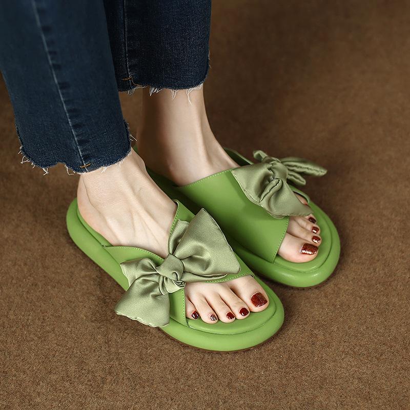 

Huge and lightweight~ Small thick-soled bow one-word slippers for women s summer sandals 40 зелёный