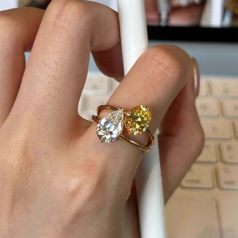 Fashion Water Droplet Shaped Zircon Rings for Women Delicate Geometric Metal Double-Layer Open Rings Wedding Party Jewelry