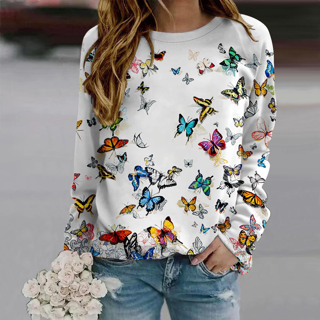 

Осенняя женская модная футболка с круглым вырезом и длинным рукавом, свободная одежда, красочная красивая футболка с принтом бабочек для девочек, уличная 8XL разноцветный