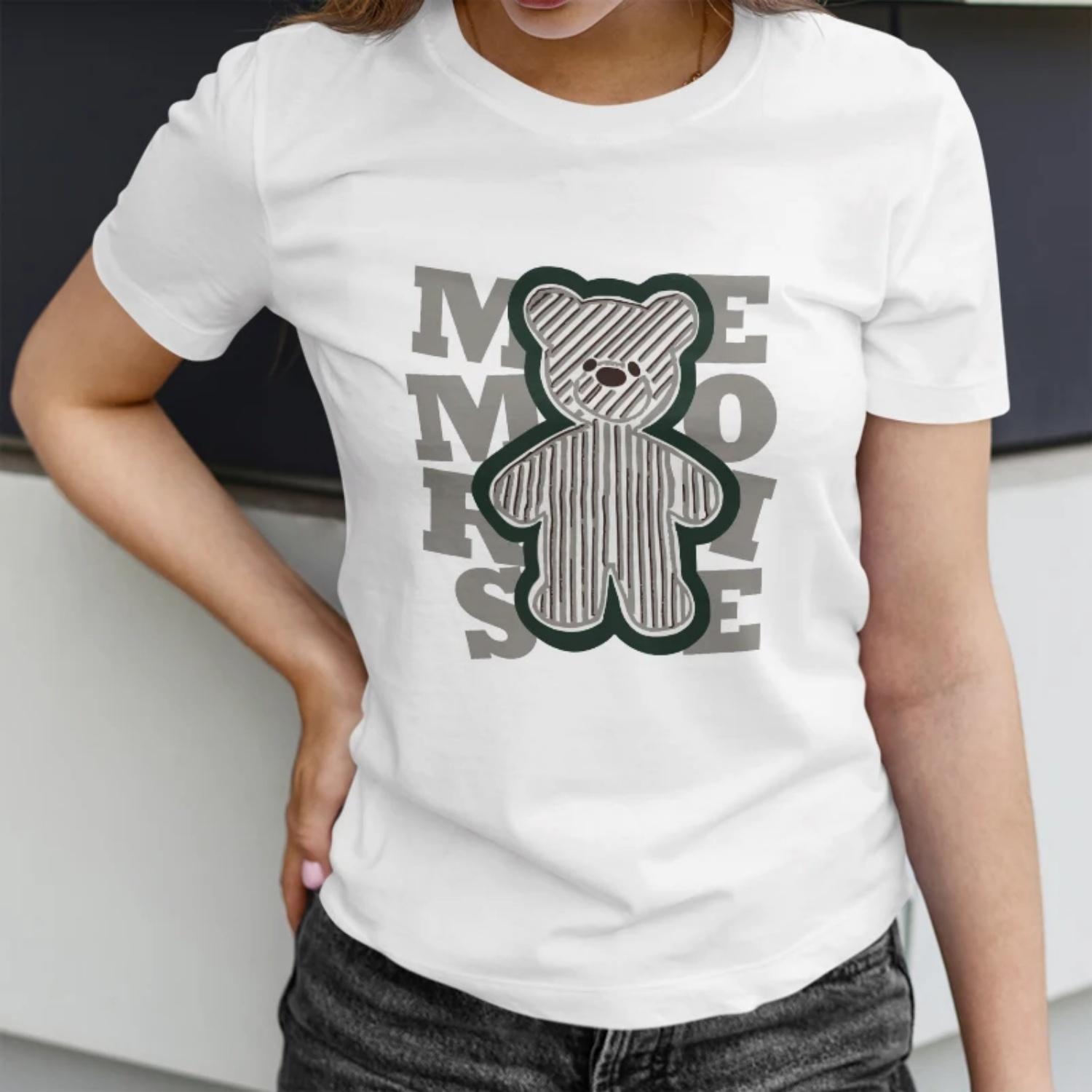 

Women s Short Sleeve T Shirt Memories Crisp with Striped Teddy Bear & Typography Print XXXXXL
