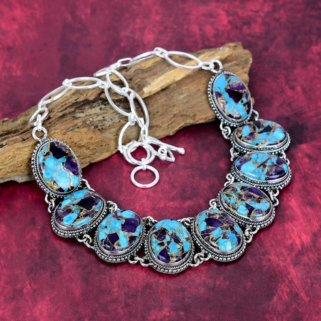 Copper Turquoise, Amethyst Handmade Gemstone Necklace, 925 Solid Sterling Silver Necklace Antique Jewelry, For Thanksgiving