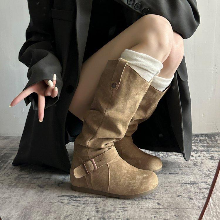 Retro Style Pleated Piled Boots Women's 2025 New Models But Knee Fashionable Versatile V-mouth Thin Inner Height-increasing Boots
