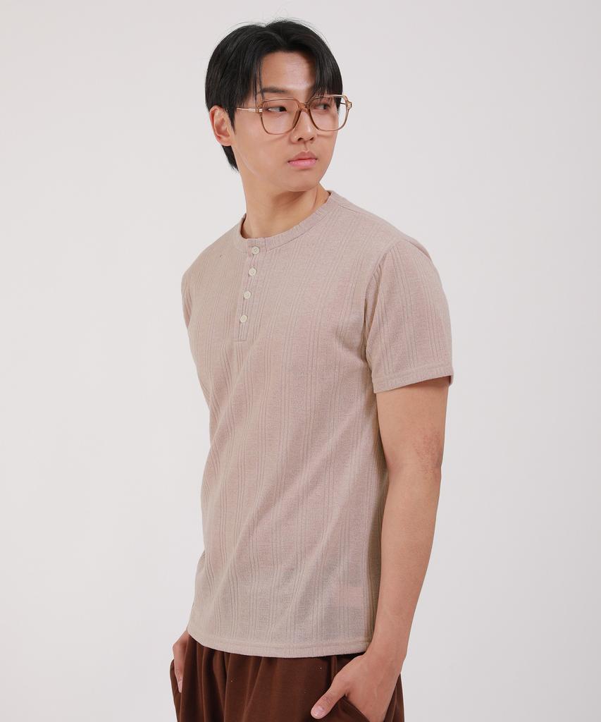 Dibellobeu Ribbed Henley Neck Short Sleeve T-Shirt_Beige
