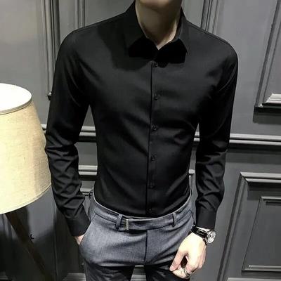 Camisa de manga larga para hombre, estilo clásico, informal, ajustada, de color liso, con solapa, para oficina