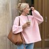 Dame Sweater Rund Hals Langærmet Ensfarvet Løstsiddende Strik Toppe Ribbet Kant Afslappet Pullover Toppe