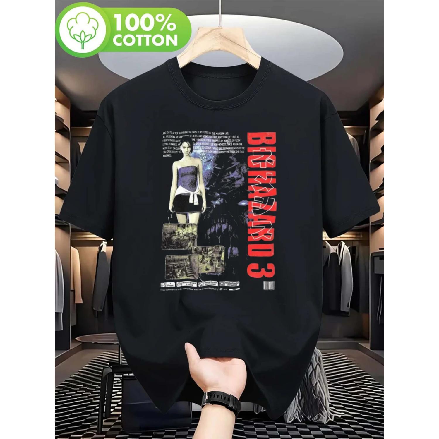 

Men s Plus Size Short Sleeved T-shirt with Biohazard Game Art Pattern, Round Neck, Casual Style, Suitable for All Seasons S чёрный