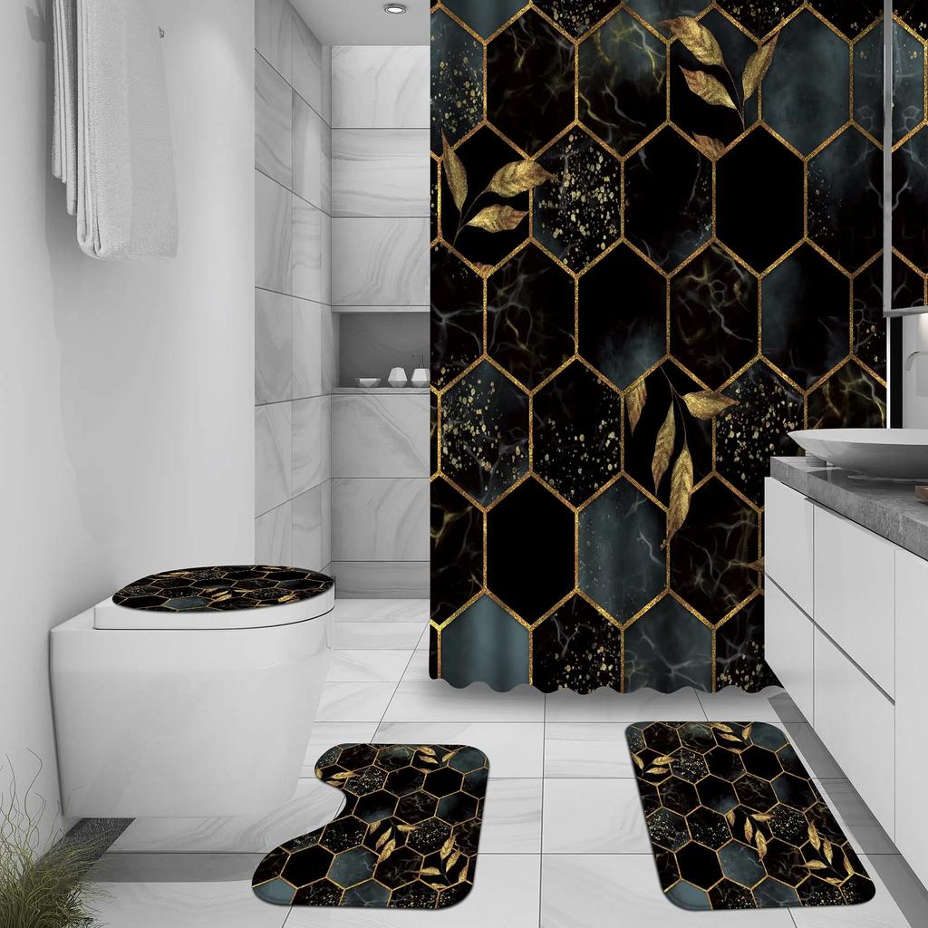 Rideau de douche et set de tapis de bain imprimé marbre géométrique Tapis doux Tapis antidérapant Couvercle de lunette de toilettes Rideau de salle de bain Décoration d'intérieur moderne