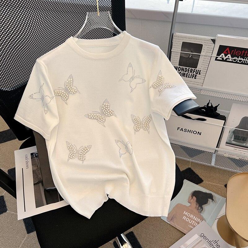 Butterfly beading Casual Short Sleeve Summer Knitted Sweater Women Pullover  Sweaters Korean Style Slim White Pull Knitwear купить недорого — выгодные  цены, бесплатная доставка, реальные отзывы с фото — Joom