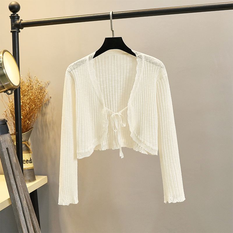 

Classy Ruffles Strap Outerwear Thin Ice Silk Cardigan Rice White M