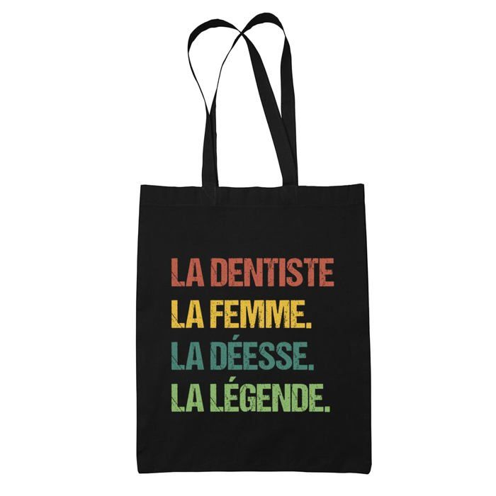 Tote bag - PLANETEE - La dentiste Déesse Légende Vintage - Coton - Imprimé en France - Noir