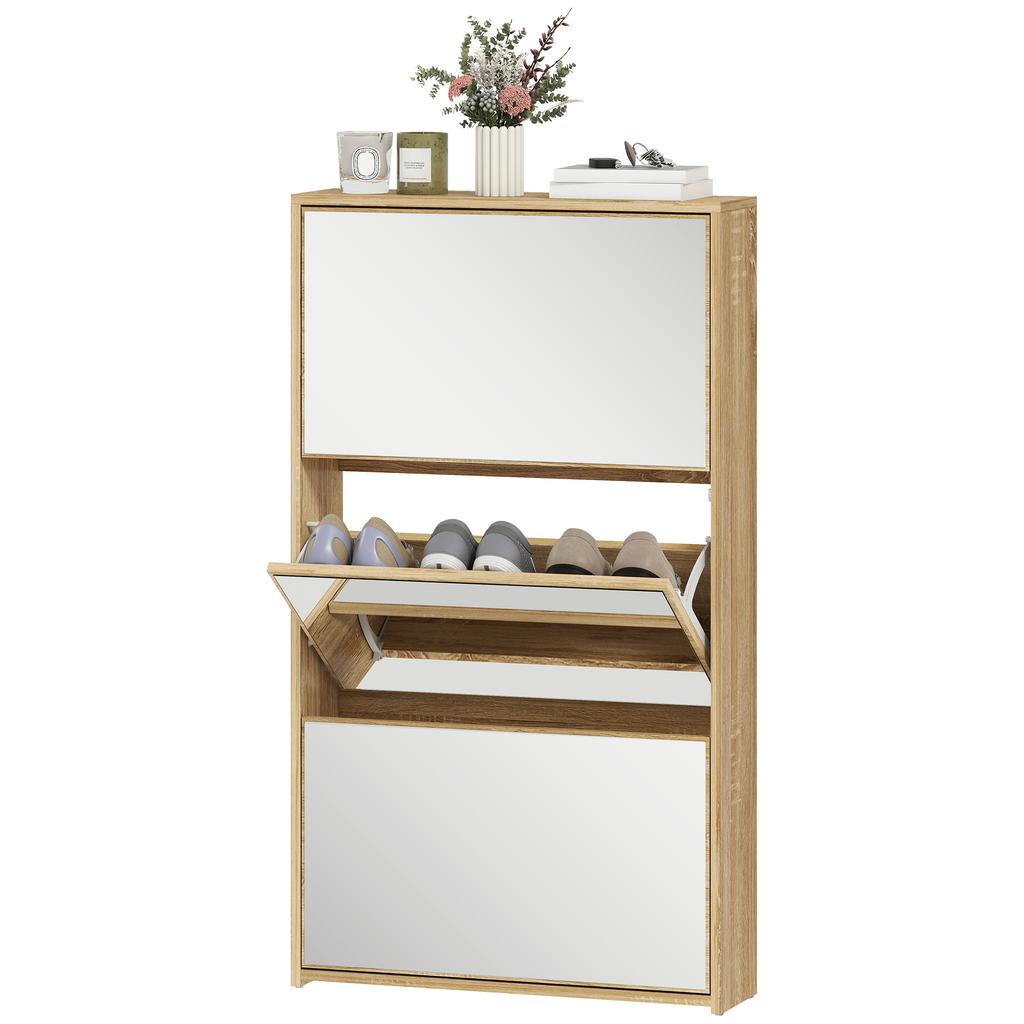 Mirrored Shoe Rack, 3 Flap Drawers, 9 Pairs, Wood, 65x17x114.5cm, Wood Color