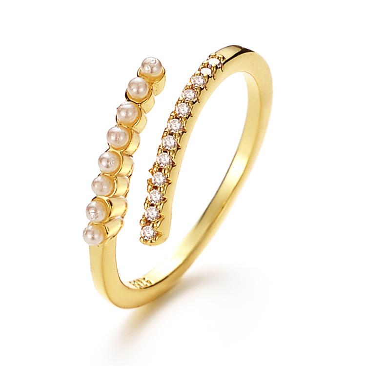 

Легкое роскошное нишевое микро-инкрустированное цирконием двухслойное жемчужное кольцо для женщин Ins Tide Cold Wind кольцо на указательный палец Opening adjustable золотой