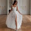 White Three-dimensional Flower Lace-up Ball Dress 1011 New Elegant High Split Sexy Sleeveless Light Wedding Dress