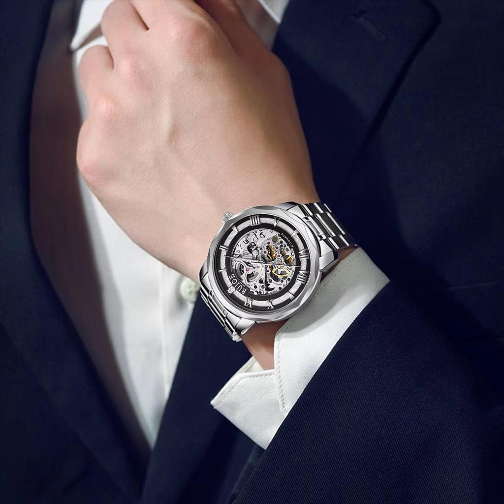 Hollowed Out Men's Fully Automatic Mechanical Watch Stainless Steel Men's Fashionable Waterproof Luminous Trendy Watch