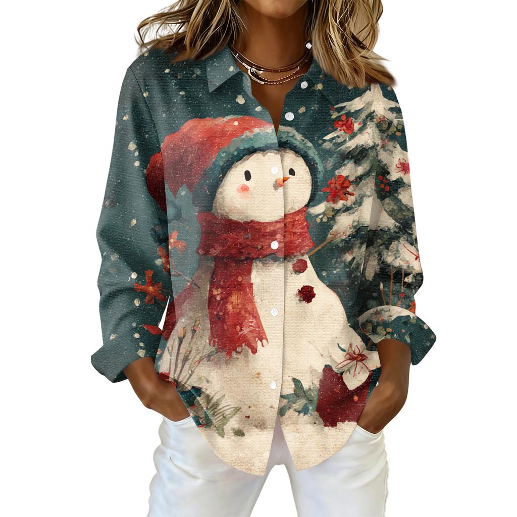 Women's Christmas Printed Button Up Long Sleeved Casual Regular Shirt With Collar Top