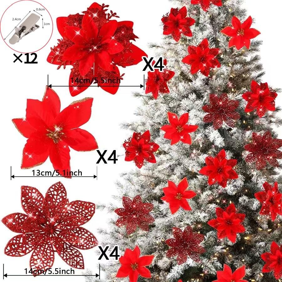 6-24 Stück 15cm Künstliche Weihnachtsblumen mit Clips Stielen, Weihnachtsbaumschmuck Glitzerblume für Girlande Neujahrsparty Dekoration