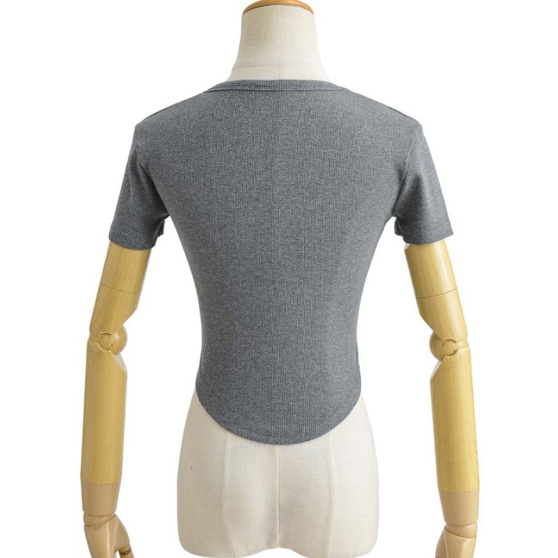 Sexig djup U-ringad T-shirt dam sommar Europeisk och Amerikansk smal passform oregelbunden topp