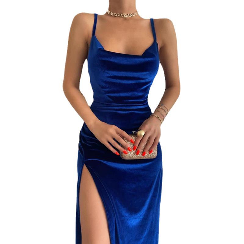 2025 Summer Velvet Spaghetti Strap Slim-Fit Slit Evening Dress for Women