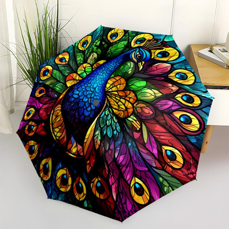 1pc Automatic Open/Close Umbrella with Peacock Stained Glass Pattern - Elegant Blue, Green, Yellow, Orange, Purple, Red, Black
