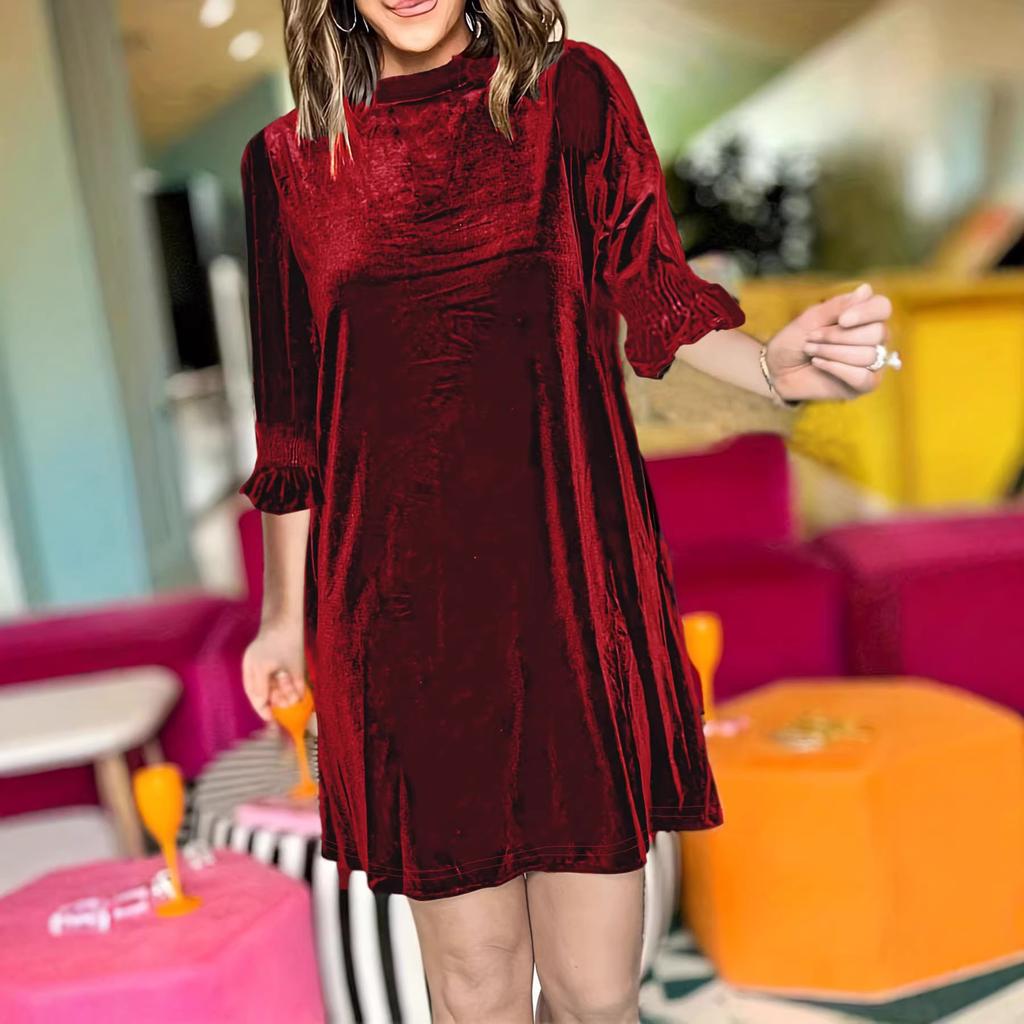 Women's Solid Color Velvet 3/4 Sleeve Ruffle Cuff Loose Straight Short Dress Casual Shift Mini Dresses