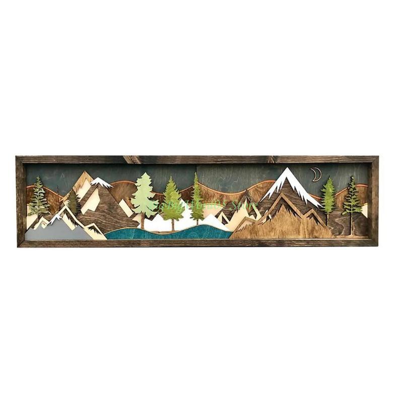 24TE Ручная работа Деревянное настенное искусство Декорация Горная тематика Картина 3D Пейзаж