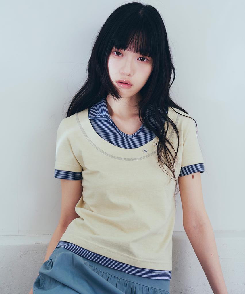 OAFISH Stripe Layered Collar T-Shirts, Yellow