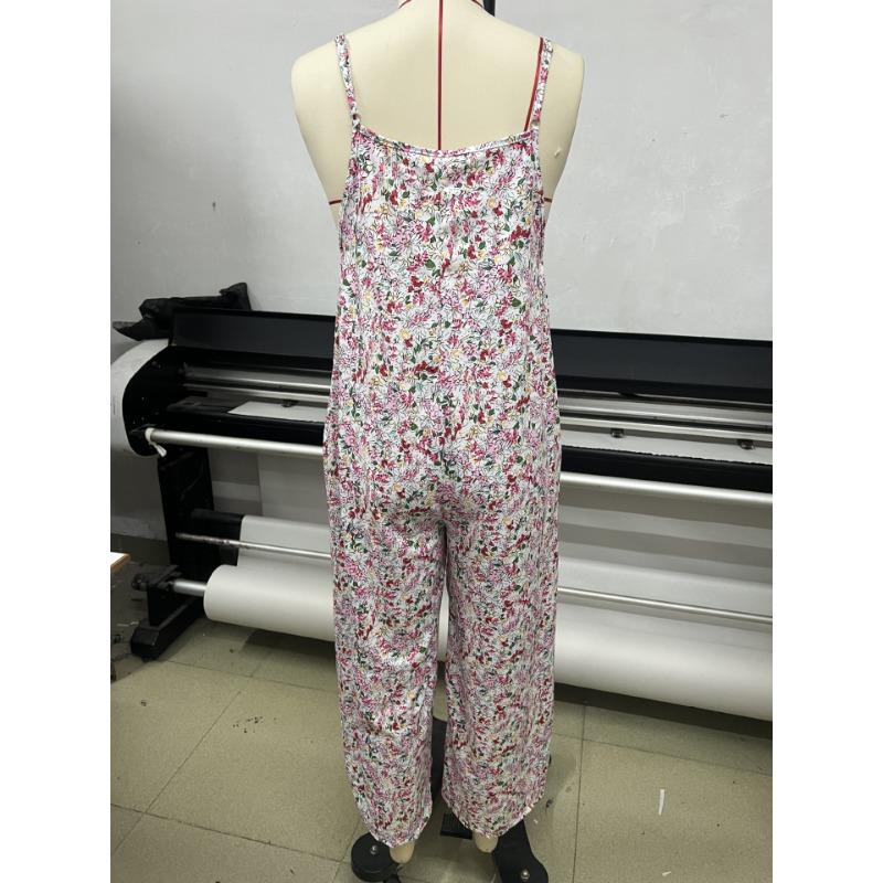 Women Adjustable Strap Floral Printed Casual Loose High Waist Summer Jumpsuit