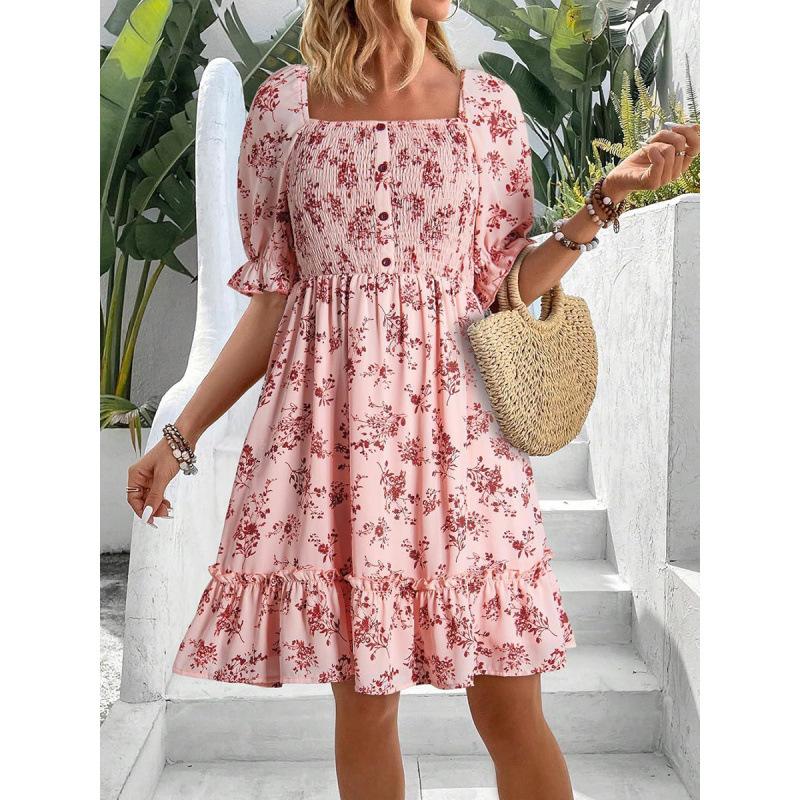 Women's Square Neck Puff Sleeve Printed Backless Loose Casual Midi Dress For Women