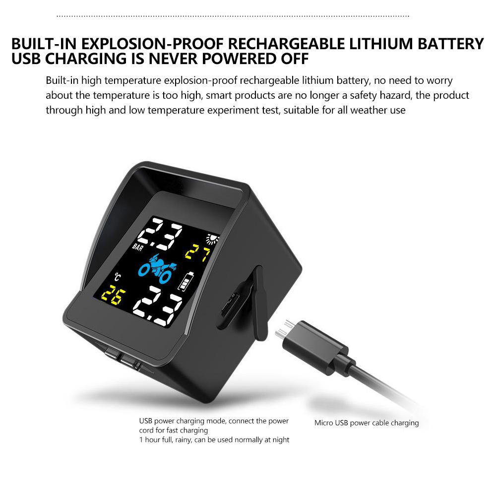 Tire Pressure Sensors Solar Charging LCD Motorcycle TPMS Tire Pressure Monitoring System Waterproof with 2 External Sensors