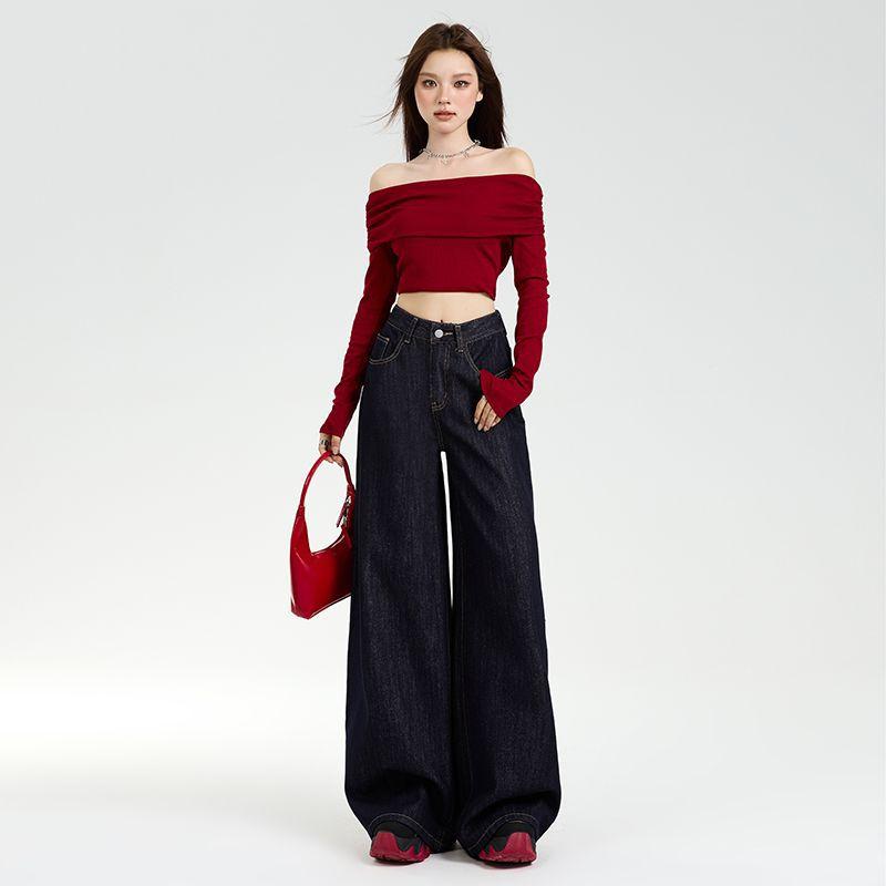 Early Spring Dark Blue Hong Kong Style Relaxed Wide Leg Denim Pants Blue For Women Casual Pants Oversize Denim Trousers