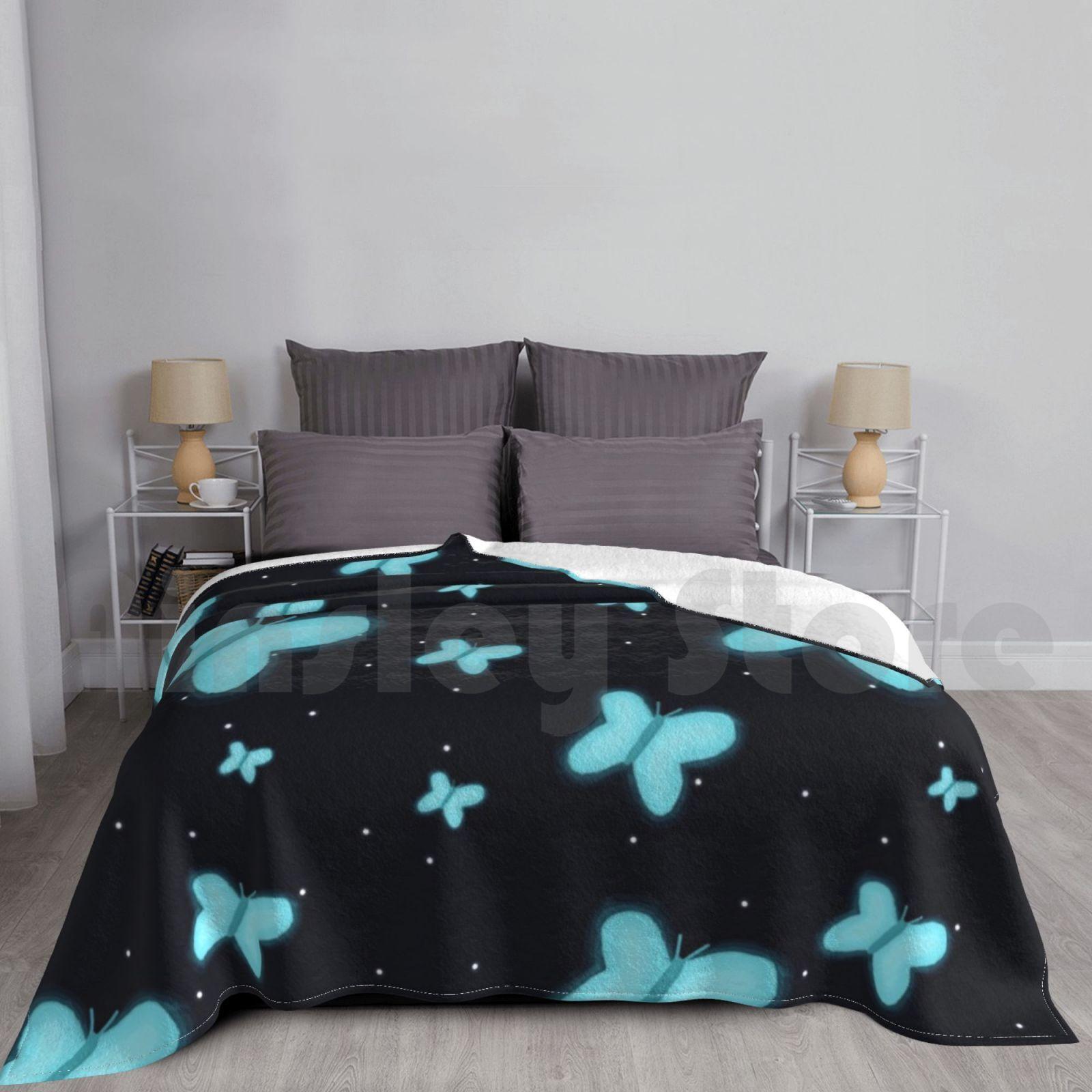 Glowing Butterflies Blanket For Sofa Bed Travel Butterflies Night Sky Glow In The Dark Lights Blue Cartoon Size: 75*100cm, Weight: 230 GSM