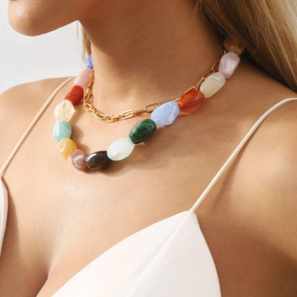2Pcs/Set Stone Colorful Resin Necklace Bead Clavicle Chain Creative Stone Beads Short Choker  Girls
