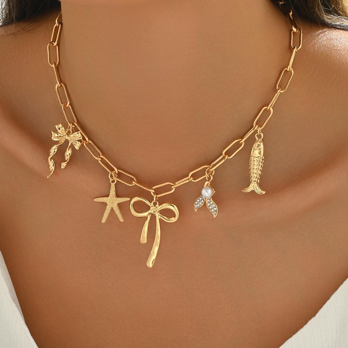 

European-American Fishtail Faux Pearl Bow Multi-Pendant Necklace