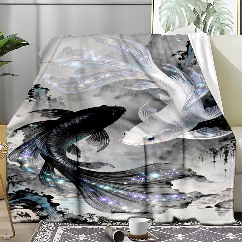 Yin Yang Fish Blanket Personalized Name Flannel Blanket Soft Cozy Plush Throw for Sofa Bed Lightweight Home Décor