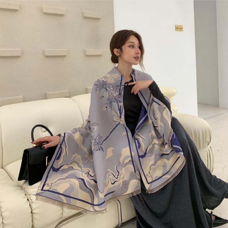 Autumn and winter new landscape begonia double-sided jacquard scarf elegant atmosphere shawl women's thickened warm scarf