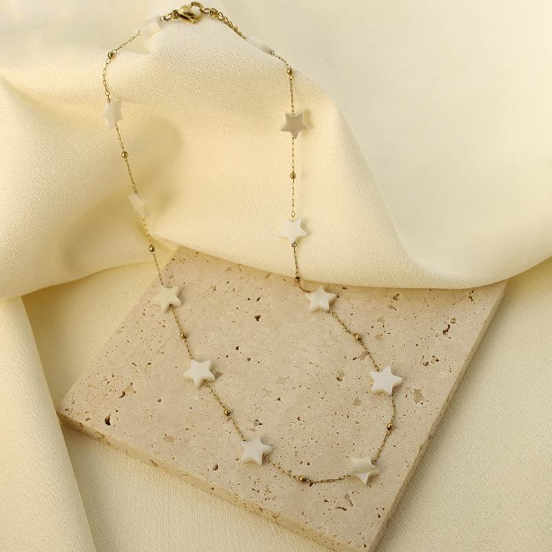 Stainless Steel Personality Popular Non-Fading Texture White Five-Pointed Star Collarbone Necklace Bracelet Set Elegant Accessories Women