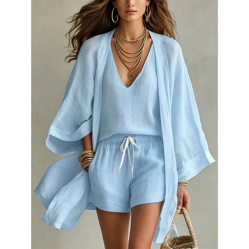 Summer Casual Set For Women With Sleeveless Cardigan And Shorts Made Of Cotton Linen For Relaxed Wear