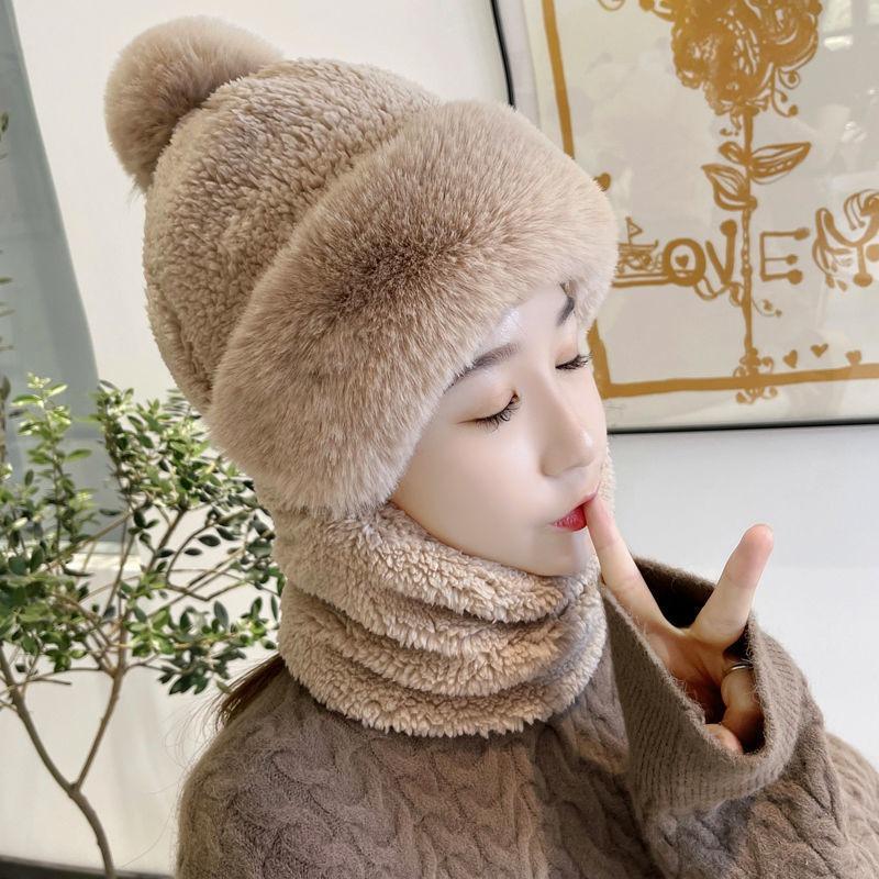 Winter Windproof Cap Outdoor Cycling Velvet Warm Ear Protection Headgear Hat Cold-proof Scarf Integrated Hairball Cap
