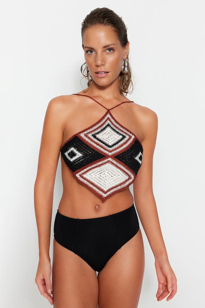 Women's Fashion Blouse Halter Neck Sleeveless Brown Stand Collar Regular Fit Pleated Knitted Blouse