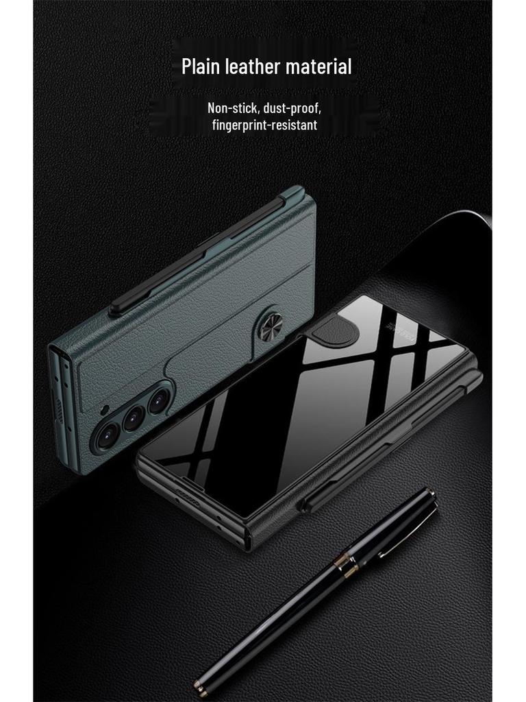 Samsung Z Fold 6 Leather Flip Case with Pen Slot and Glass Cover – Stylish and Business-Friendly.