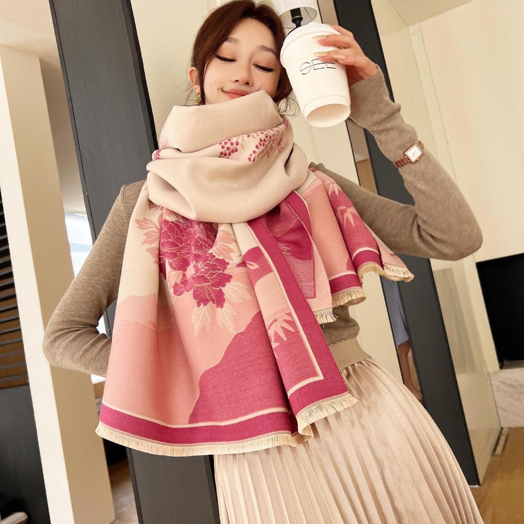 Winter Literary Imitation Cashmere Scarf Women'S Elegant Landscape Flower Language Scarf Thickened Warm Windproof Versatile Shawl