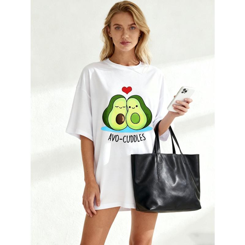 Black Oversized T-Shirt With Avocado Couple And Heart Print Avo Cuddles Text For Casual Wear